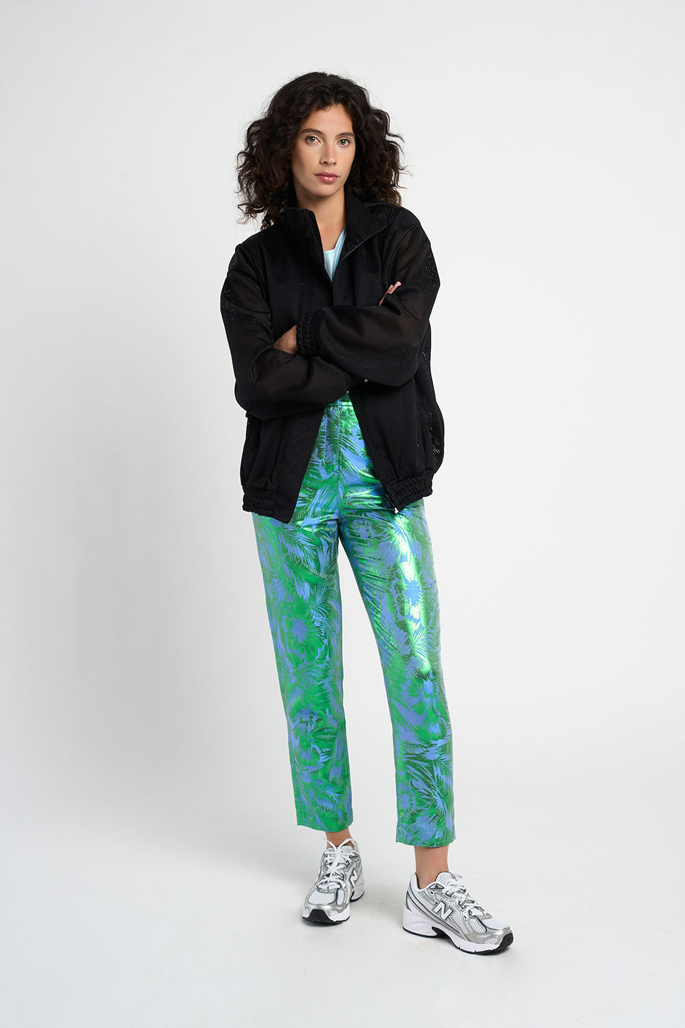 Pantalon Esma jacquard motif tropical bleu vert