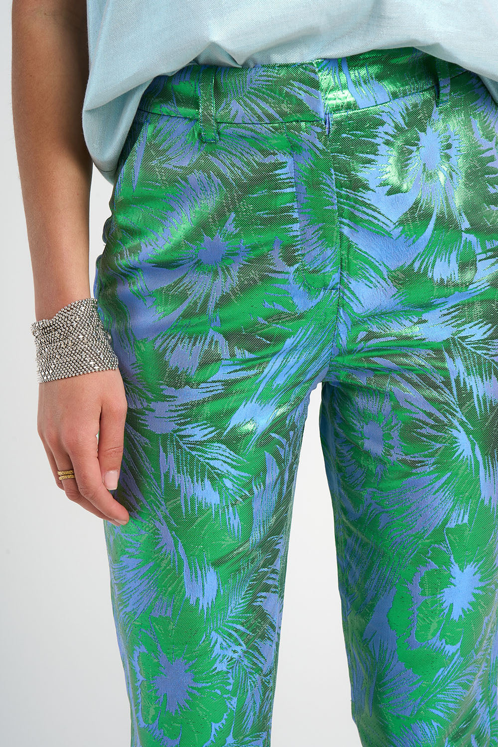 Pantalon Esma jacquard motif tropical bleu vert