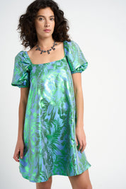 Robe babydoll Rodolf jacquard motif tropical bleu vert