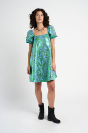 Robe babydoll Rodolf jacquard motif tropical bleu vert