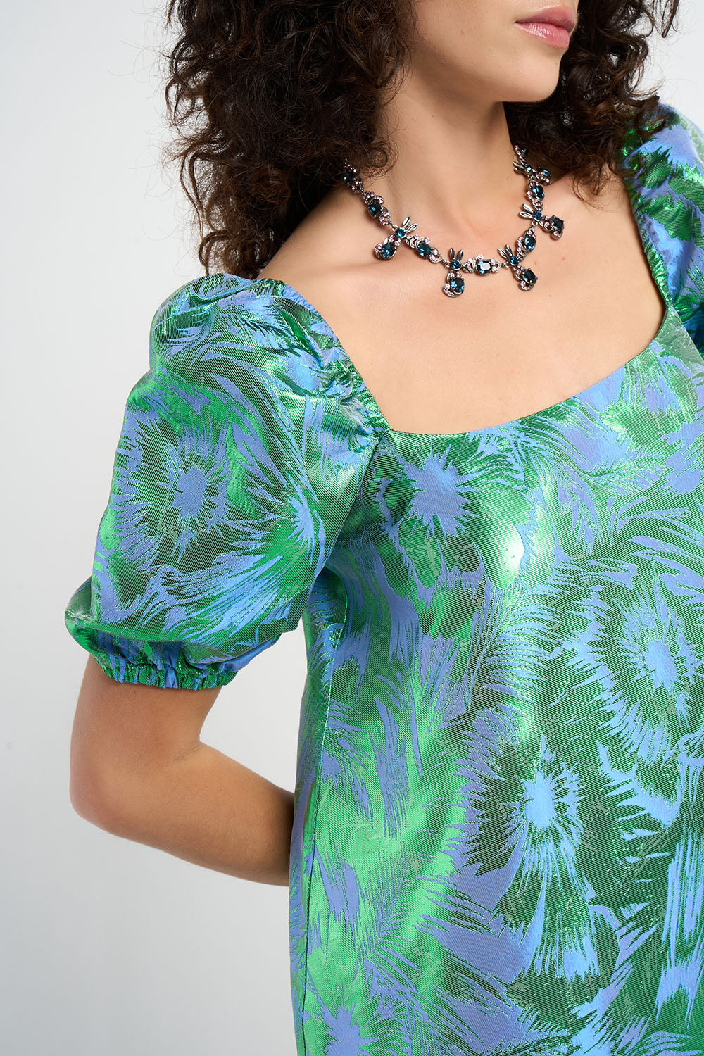 Robe babydoll Rodolf jacquard motif tropical bleu vert