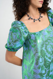 Robe babydoll Rodolf jacquard motif tropical bleu vert