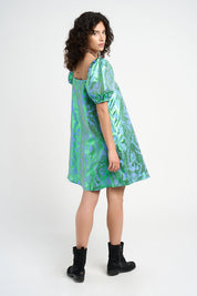 Robe babydoll Rodolf jacquard motif tropical bleu vert