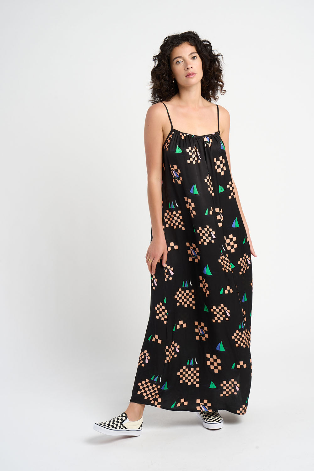 Robe tubes longue Tuba imprimée noire bretelles fines
