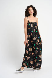 Robe tubes longue Tuba imprimée noire bretelles fines