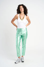 Pantalon TONY éco-cuir vert effet métal