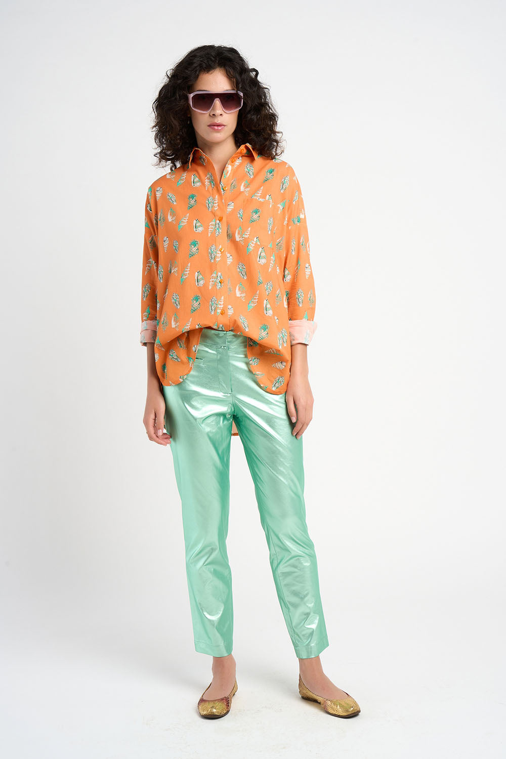 Chemise oversise en coton Francesca orange motifs coquillages